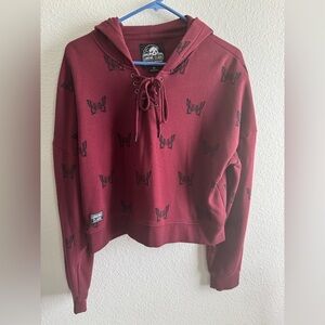 Lurking Class Mariposa Red Crop Lace-Up Hoodie with Butterfly Design
